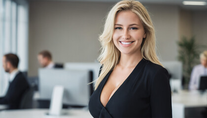 Friendly blonde office receptionist smiling and welcoming, with modern office backdrop - 764437258