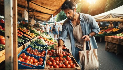 Good-looking man shopping for groceries, focusing on healthy living choices - 764437263