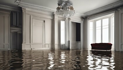 Flooding leading to noticeable water damage in living room - 764437281
