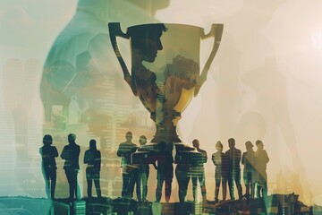 Double exposure of a corporate award and a team, symbolizing the rewards of teamwork and collective success in the industry - obrazy, fototapety, plakaty