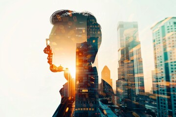 Silhouette of a career counselor with a double exposure of various professional paths, emphasizing guidance and potential career trajectories - obrazy, fototapety, plakaty