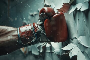 The compelling closeup of a boxers gloves tearing through paper, a powerful depiction of strength and victory