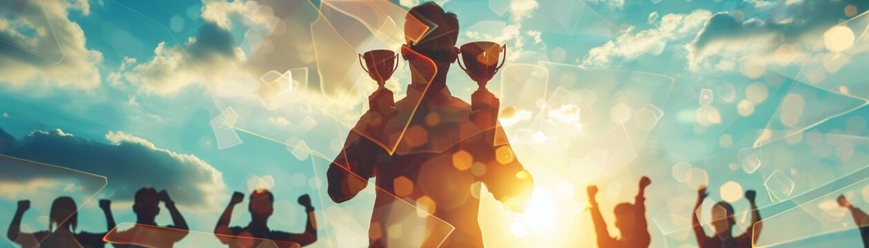 Silhouetted figure holding a trophy, with a double exposure of a cheering team, symbolizing personal achievement and team support