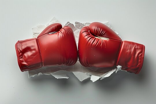 The gripping visual of boxing gloves punching through paper, emphasizing the moment of impact and success
