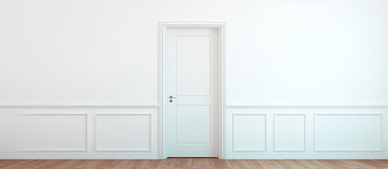 The scene captures an unfurnished room featuring only a door and a solid wooden floor under plain lighting
