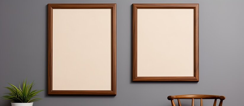 Two empty picture frames are hanging on a wall next to a chair