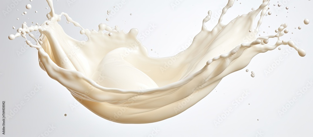 Poster a detailed image showing a close-up of milk splashing on a plain white background