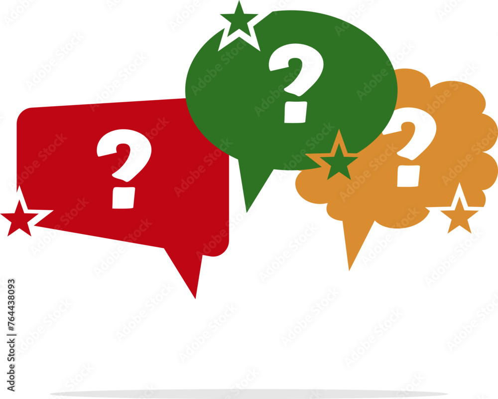 Poster message bubble box with question mark and star icon. simple vector red, yellow, green colors. design