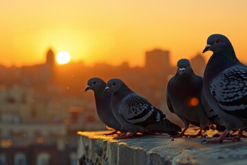 Two pigeons perching on a rooftop during a warm sunset in the city.