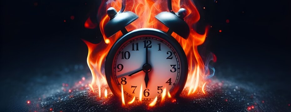 clock on fire burning end depicted in fiery grey background