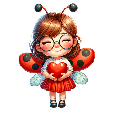 Little girl Ladybug cute holding a heart watercolor transparent background