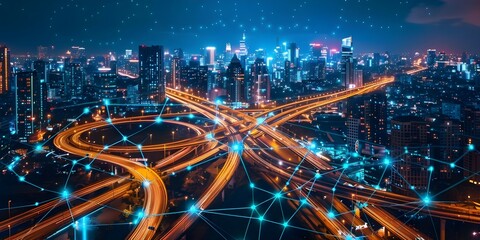 Fototapeta na wymiar Creating a Dazzling Cyber Metropolis Network: Bright Neonlit City Highways. Concept Futuristic Design, Neon Lights, Urban Landscape, Digital Connectivity, High-Tech Architecture
