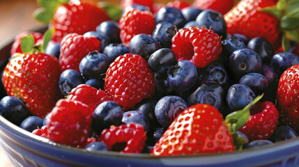 A blue ceramic bowl brimming with assorted ripe berries and vibrant strawberries. - Powered by Adobe
