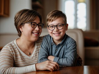 portrait of woman or mother and a boy or son with autism are sitting together and smiling and wearing glasses, World autism awareness day concept
