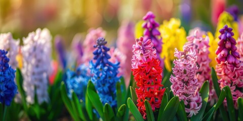 Obraz premium Vibrant hyacinth blooms in various colors in a garden setting with soft lighting.