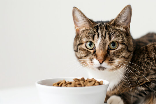 cat sitting near the white bowl of pet food. isolated background .bowl for mockup. Generative AI