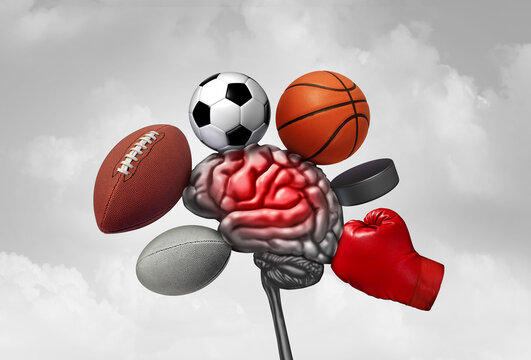 Sports Brain Injury as a sport injury causing a Concussion as football hockey rugby basketball boxing and soccer as equipment or athletes crashing into a human head.