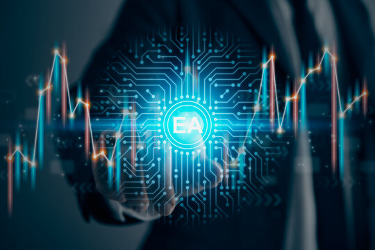 Businessman Touch Screen and Blue EA Expert Advisor Icon in Vintage Tone