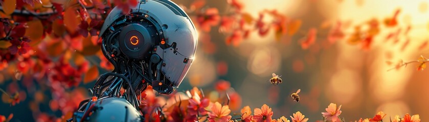 Robot with mechanical limbs in garden, colorful petals, bees, high contrast, sunrise bright bold colors, 8k, macro lens, 3d