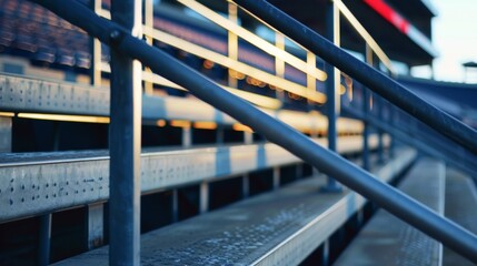 The metal railings provide safety and support for fans making their way up and down the stadium steps.