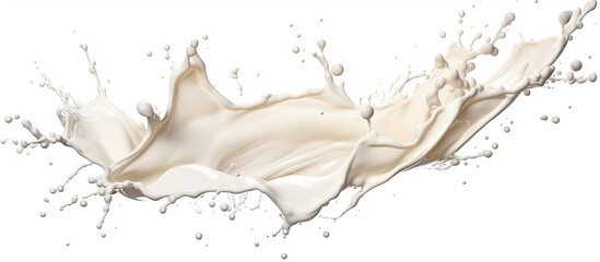A dynamic splash of fresh milk captured mid-air on a clean and crisp white background