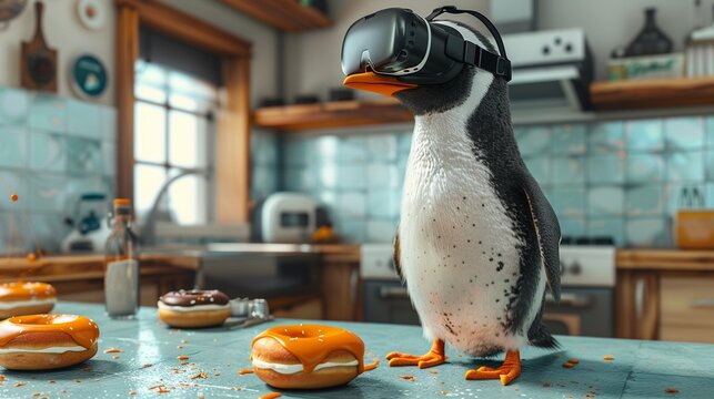 Penguin with VR headset, virtual donut making, futuristic kitchen, bright daylight, side angle 3d render