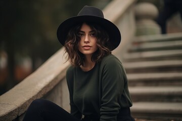 fashion outdoor photo of beautiful sensual woman with dark hair in elegant clothes and hat posing in autumn park