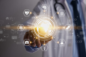 Doctor Hand and Finger Touch Screen Yellow Globe and World or Earth Hud and Hexagon Medical Equipment Icon. Medical Technology,Innovation,Science and Healthcare Concept
