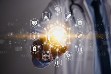 Doctor Hand and Finger Touch Screen Yellow Hexagonal Globe and World or Earth and Medical Equipment Icon. Medical Technology,Innovation,Science and Healthcare Concept
