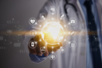Doctor Hand and Finger Touch Screen Yellow Globe and World or Earth and Medical Equipment Icon. Medical Technology,Innovation,Science and Healthcare Concept