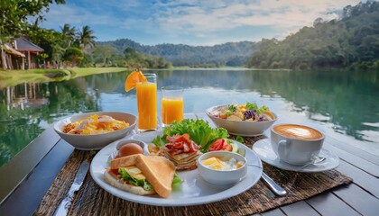 Delightful breakfast served by serene lake in resort