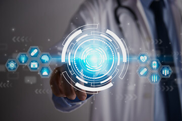 Doctor Hand and Finger Touch Screen Blue Earth and Globe or World Hud and Medical Equipment Icon. Medical Technology,Innovation,Science and Healthcare Concept