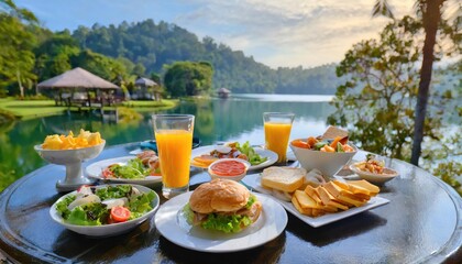 Delightful breakfast served by serene lake in resort - obrazy, fototapety, plakaty