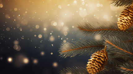 Close-up of Christmas pine branches under defocused lights