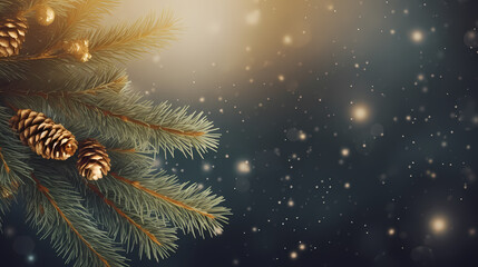 Close-up of Christmas pine branches under defocused lights