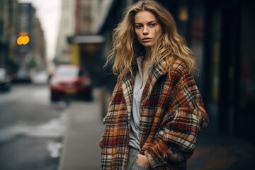 Fototapeta premium A plaid wrap coat worn over a sweater and jeans, providing both warmth and style for a winter day. Woman fashion christmas.