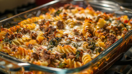 A casserole dish filled with savory pasta and meat, creating a hearty and satisfying meal. - obrazy, fototapety, plakaty