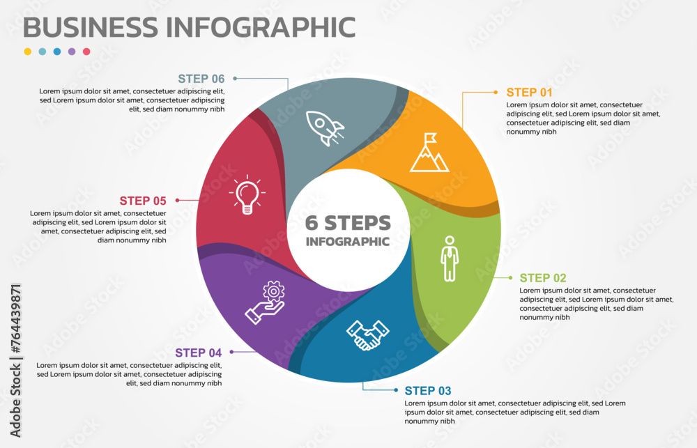 Poster Visual data presentation. Cycle diagram with 6 options. Pie Chart Circle infographic template with 6 steps, options, parts, segments. Business concept. Editable pie chart with sectors.