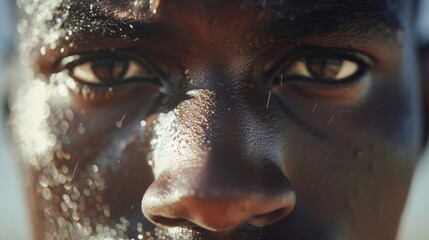 A tight shot of a sprinters face their eyes locked on the finish line and their mind focused on the race.