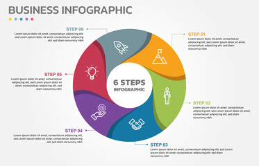 Visual data presentation. Cycle diagram with 6 options. Pie Chart Circle infographic template with 6 steps, options, parts, segments. Business concept. Editable pie chart with sectors.