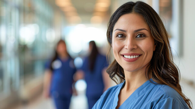 female hospital nurse looking at the camera at hospital ward with coworkers in the background