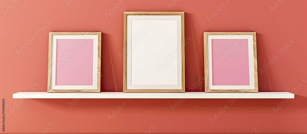 Poster three empty frames are displayed on a shelf fixed against a pink wall in a room