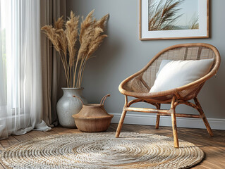 Cozy Home Interior with Rattan Chair and Rustic Decor Elements
