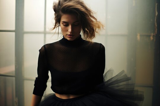 A tulle skirt paired with a cashmere sweater, striking a balance between festive and cozy. Woman fashion christmas.
