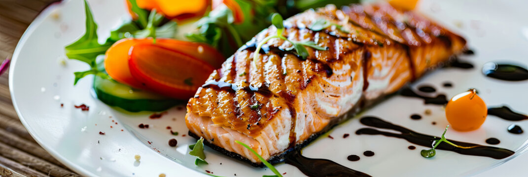 perfectly seared salmon fillet on a white plate, with fresh vegetables and drizzled balsamic sauce, generative AI
