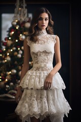 Fototapeta premium A tiered lace dress in a winter white shade, perfect for a Christmas brunch with family. Woman fashion christmas.