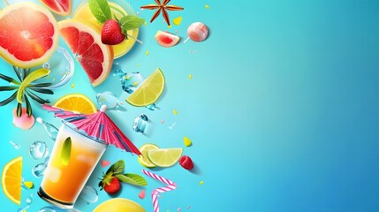 summer background with fresh drink and fruit - obrazy, fototapety, plakaty
