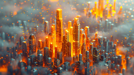 Futuristic city skyline at night, urban architecture with blue lights and mist