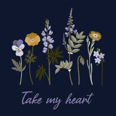 Take my heart slogan and bouquet of garden flowers, vector drawing plants at white background, hand drawn botanical illustration