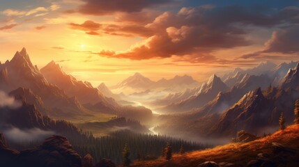 Mountain landscape at sunset  - obrazy, fototapety, plakaty